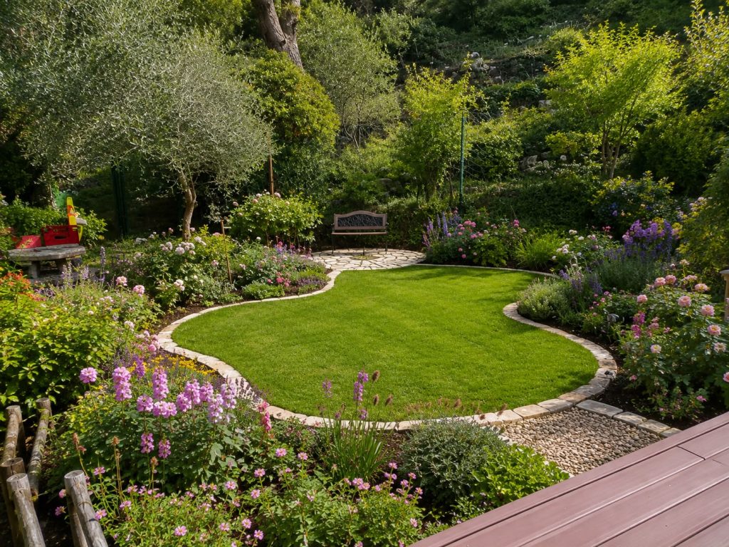 Jardin paysager avec pelouse, massifs fleuris et allée