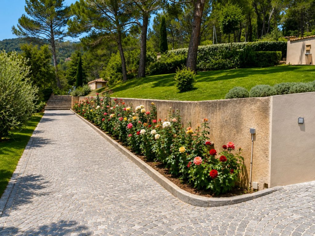 Jardin paysager avec pelouse, roses et muret