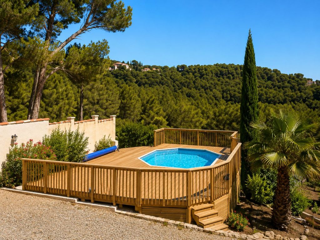 Piscine avec terrasse en bois et environnement arboré autour de l'étang de Berre