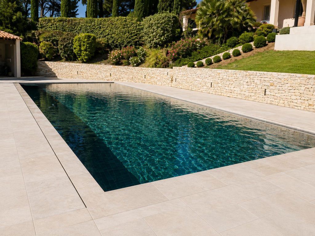 Piscine avec mur en pierre et jardin paysager