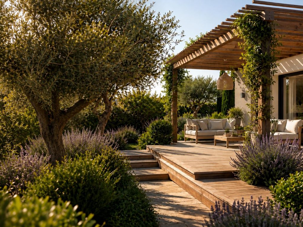 Terrasse et pergola en bois intégrées dans un jardin